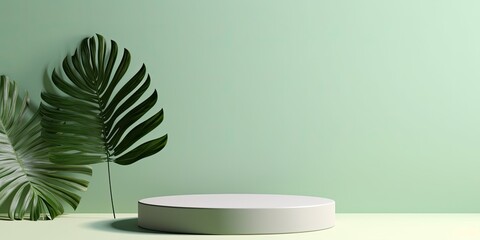 Minimal tropical palm leaf shadow on pastel green wall. Cosmetic product presentation. Premium podium on white table. Showcase display, front view mockup.