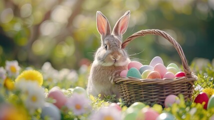 Fototapeta na wymiar basket nestled between the long legs of a sitting pink rabbit, filled with vibrant Easter eggs