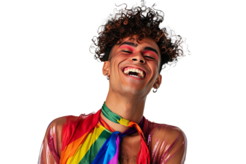 Portrait shot of Young joyful Gay man with colorful lgbt dress isolated on transparent background, Gay transgender smile and posing with trendy lifestyle.