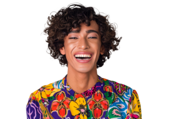 Portrait shot of Young joyful Gay man with colorful lgbt dress isolated on transparent background, Gay transgender smile and posing with trendy lifestyle.