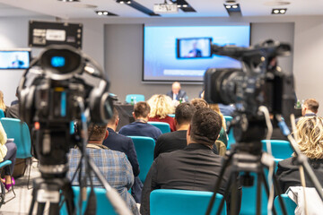 Streaming hybrid business conference and presentation, political meeting, media or publicity event