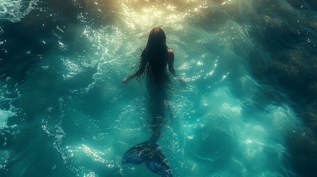 girl mermaid silhouette of a mythical creature swims underwater, illuminated by light.
Concept:
fantasy mythology, sea life, ocean protection and fairy tale themes.