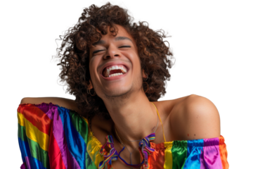 Portrait shot of Young joyful Gay man with colorful lgbt dress isolated on transparent background, Gay transgender smile and posing with trendy lifestyle.