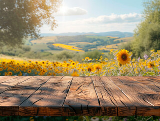 Empty wooden table to place your product against the backdrop of a field of blooming sunflowers with white cloudy and blue sky