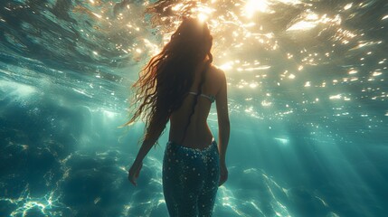  mermaid swimming underwater with a magnificent tail illuminated by light rays. Concept: magic and mystery of the ocean depths, mythical creatures of the depths	