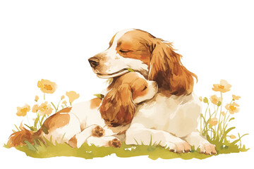 Naklejka na ściany i meble An illustration of mother and baby dog in watercolor style.