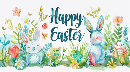 Happy Easter card in light pastel style, watercolor painting with eggs and flowers - 753204657
