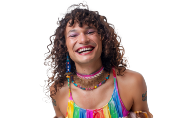 Portrait shot of Young joyful Gay man with colorful lgbt dress isolated on transparent background, Gay transgender smile and posing with trendy lifestyle.