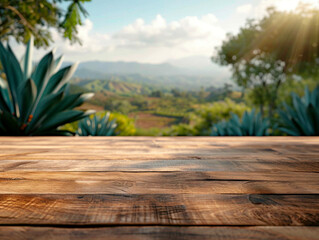 Wooden empty table for product placement against the background of a field with agave plants for the production of tequila