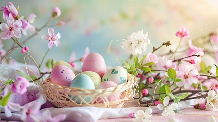 photography with spring blossom, colorful eggs in an Easter basket, and a soft pastel palette. Perfect for enticing images of Easter celebrations and culinary artistry