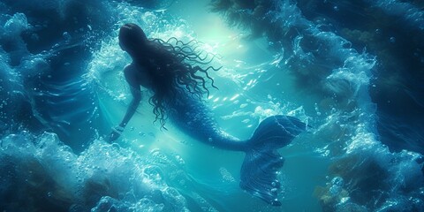 girl mermaid silhouette of a mythical creature swims underwater, illuminated by light.
Concept:
fantasy mythology, sea life, ocean protection and fairy tale themes.