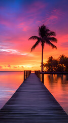 Fototapeta na wymiar Majestic Dawn: Sunrise Reflecting on Tranquil Beach with Silent Palm Trees and Wooden Boardwalk