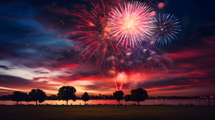 Fototapeta na wymiar A patriotic and celebrated Independence Day fireworks display with a night sky ablaze, Generative AI