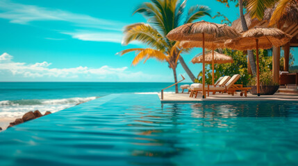 Hotel with a swimming pool going into the sea, sun loungers with straw umbrellas, Palm tree on a tropical beach with blue sky and white clouds abstract background, banner with Copy space