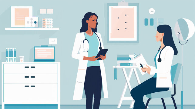 Contemporary Healthcare Illustration Depicting a Doctor with Digital Tablet Consulting with a Colleague, Modern Clinic Interior Design, Medical Professionals at Work, Digital Health Technology