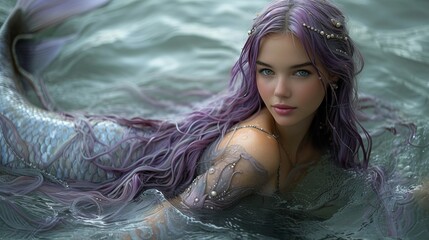 Mermaid girl with purple hair near the water. Concept: magic and mystery of the ocean depths, mythical creatures of the depths	