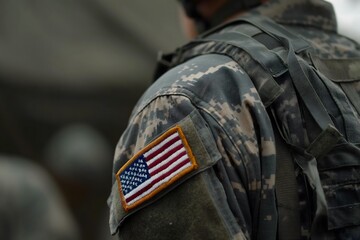 A close up of a soldier's uniform with an American flag patch on the shoulder - obrazy, fototapety, plakaty