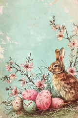 Happy Easter card in light pastel style, vintage illustration with eggs, hare and flowers - 753205487