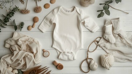 Mockup of white infant bodysuit made of organic cotton with eco friendly baby accessories. Onesie template for brand, logo, advertising. Flat lay, top view