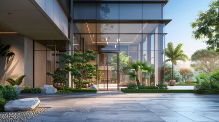 Modern glass wall commercial buildings exterior. Realistic 3d rendering