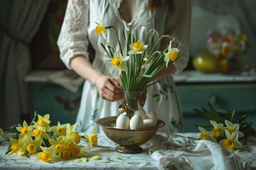 Happy Easter! Woman preparing table with Easter narcissus spring flowers for holiday. - 753205645