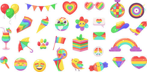 Big set of design elements for Pride Day, Pride Month, and the June Parade. Vector Rainbow LGBTQ Icons