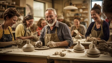 A gray-haired man laughs while sitting at a table in a pottery workshop, with other students working around . - obrazy, fototapety, plakaty