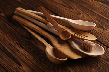 Set of wooden spoons on the table. Kitchen utensils