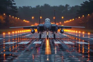 Supersonic fighter jet on air force base airfield getting ready to take off at night - obrazy, fototapety, plakaty
