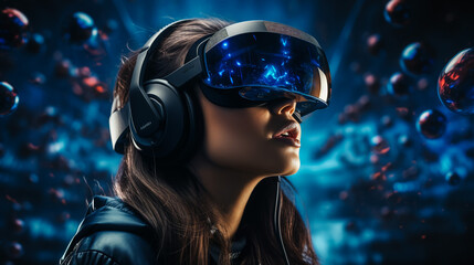 Young pretty woman with white shirt wearing white VR head set virtual reality glasses for the Metavese concept digital space and connection.