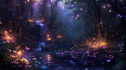 An enchanted forest at night, with glowing flowers, a sparkling river, and mystical creatures lurking in the shadows. Resplendent.