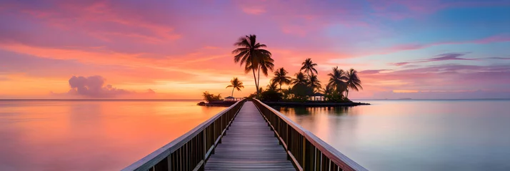 Crédence de cuisine en verre imprimé Descente vers la plage Majestic Dawn: Sunrise Reflecting on Tranquil Beach with Silent Palm Trees and Wooden Boardwalk