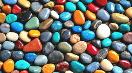 Fototapeta na wymiar Background and texture of colored pebbles lying on the surface. View from above.
