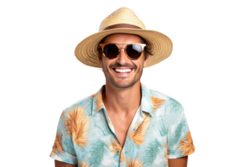 Portrait happy man with summer holiday beach outfits isolated on transparent background for realax at beach on vacation, travel and holidays vacation concept.