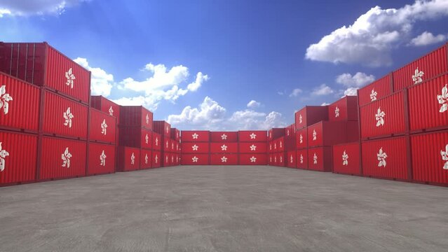 Hong Kong flag containers are located at the container terminal. Hong Kong export or import concept