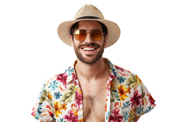 Portrait happy man with summer holiday beach outfits isolated on transparent background for realax at beach on vacation, travel and holidays vacation concept.