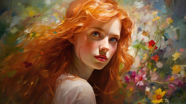 Conceptual artwork featuring a girl with red hair and blue eyes among beautiful wildflowers, watercolor drawing