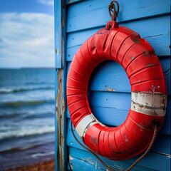 Close-up of a Life Saver Buoy Hanging on a Beach Hut, Vibrant Red Against Blue Wooden Background, Nautical Safety Theme.