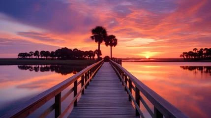 Foto op Canvas Majestic Dawn: Sunrise Reflecting on Tranquil Beach with Silent Palm Trees and Wooden Boardwalk © Joe