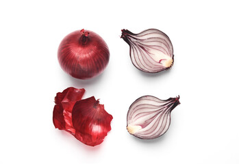 Peeled red onion on white background. Top view