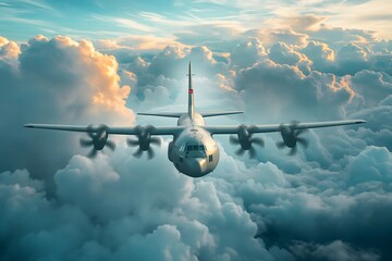 A military plane flying through a cloudy blue sky