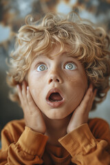 Surprised blonde boy looks up. Excited young man close up photo.
 - obrazy, fototapety, plakaty