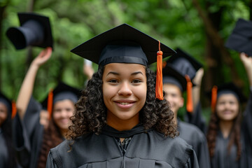 American women University graduate in black gown and graduate cap. In the background are happy graduate students.
