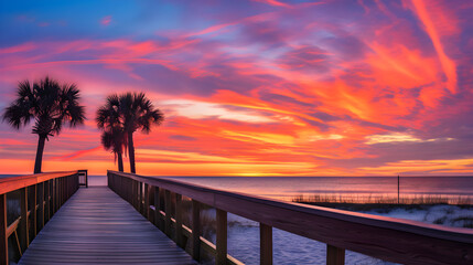Fototapeta na wymiar Majestic Dawn: Sunrise Reflecting on Tranquil Beach with Silent Palm Trees and Wooden Boardwalk