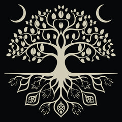 Tree of Life and Moon Phases Esoteric Illustration. Sacred tree of life with moon phase in engraving, hand drawn, luxury, celestial.