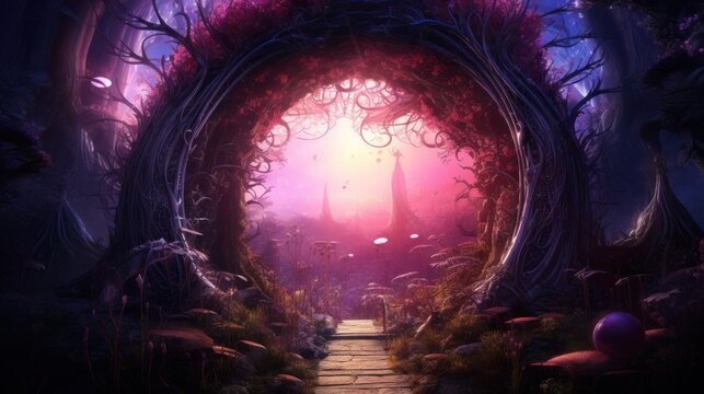 A path to a portal in an alien world, among a fantastic forest, everything is pink