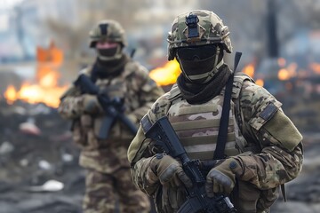 Military soldiers with guns, wearing helmets and protective gear, standing in a war zone with debris and explosions in the background