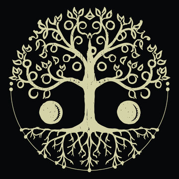 recommend clip art: Tree of Life and Moon Phases Esoteric Illustration. Sacred tree of life with moon phase in engraving, hand drawn, luxury, celestial.