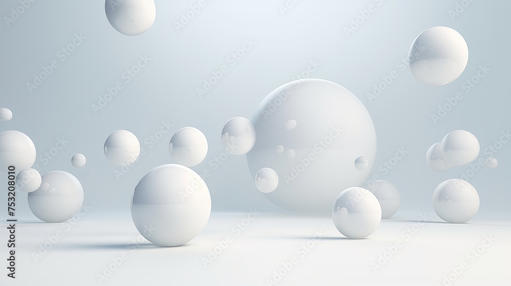 Wall mural floating spheres in a 3d rendering provide empty space for product showcasing, offering a minimalist