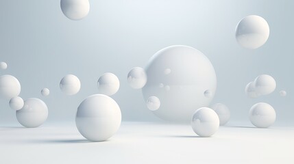 Floating spheres in a 3D rendering provide empty space for product showcasing, offering a minimalist yet visually engaging backdrop.
